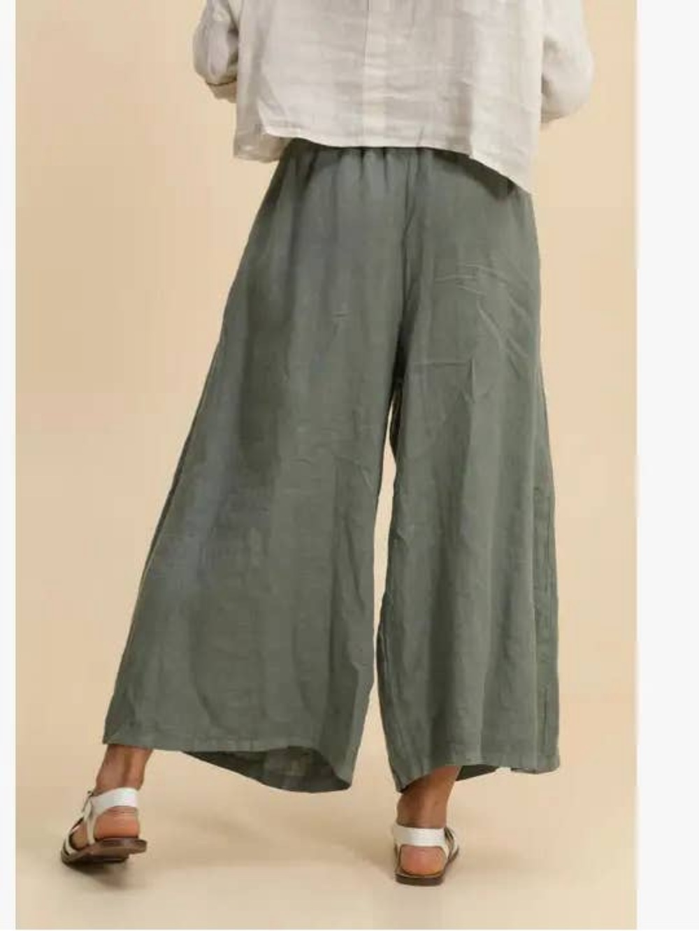 Made In Italy Pure Linen Palazzo Pants In Sage Green - Picture 3 of 15
